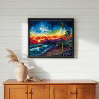 Tower Life 7 beach sunset painting in black floating frame hanging in a coastal themed home over a console table.