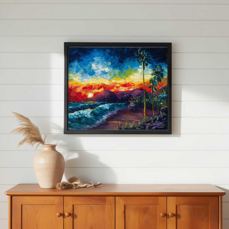 Tower Life 7 beach sunset painting in black floating frame hanging in a coastal themed home over a console table.