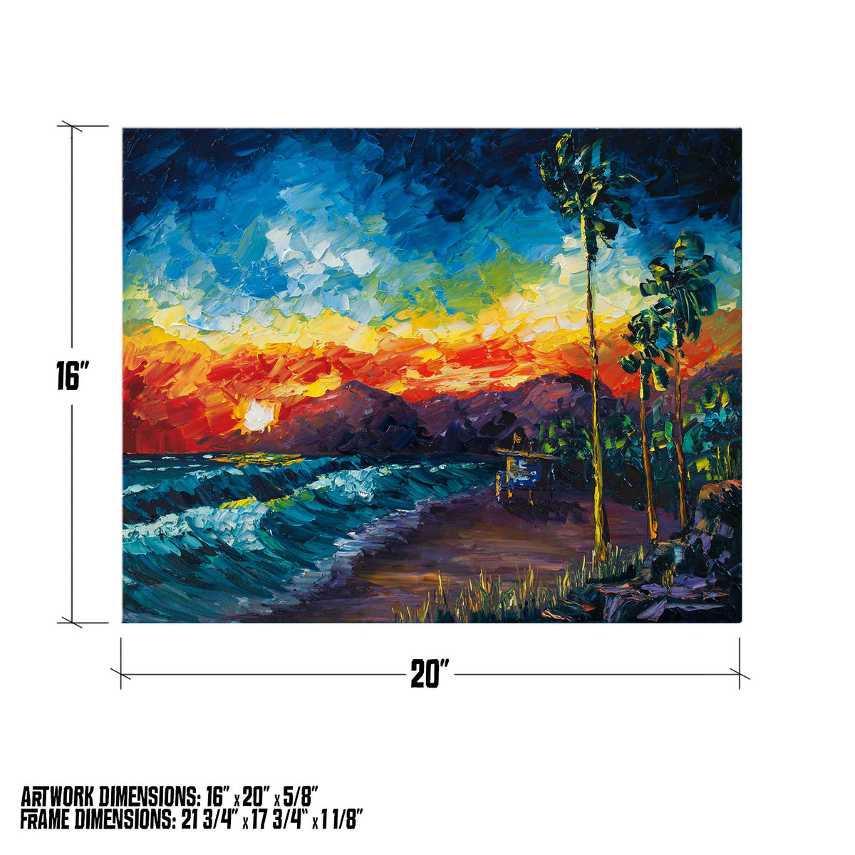 Size guide showing Tower Life 7 beach canvas at sixteen by twenty inches