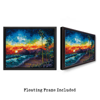 Tower Life 7 beach sunset painting in black floating frame front and side view
