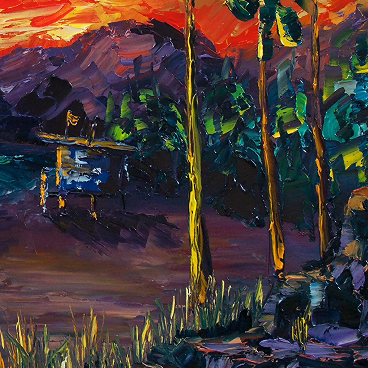Close-up of lifeguard tower and palm trees in Tower Life 7 beach sunset oil painting