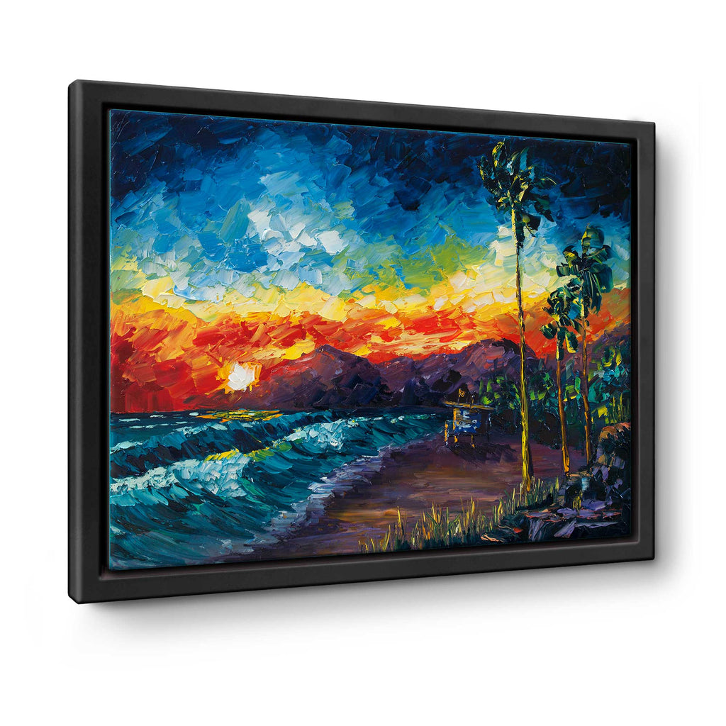 Tower Life 7 original beach sunset palette knife oil painting on canvas in a black metal floating frame