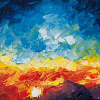 Close-up of glowing sunset sky and mountain in Tower Life 7 coastal oil painting
