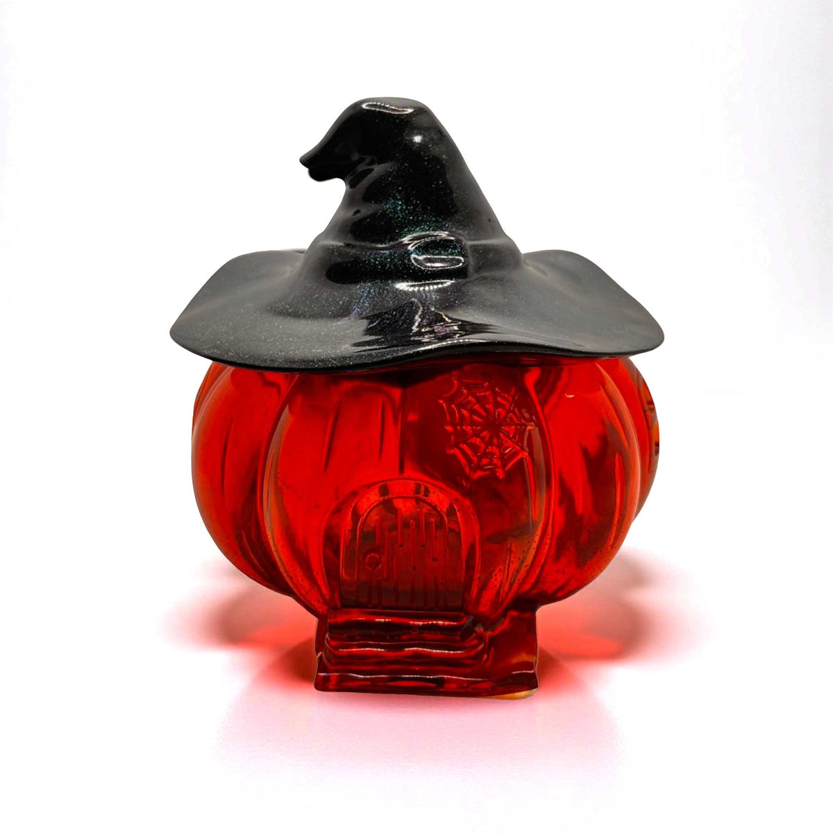 Transparent pumpkin jar with witch hat Halloween decor accent