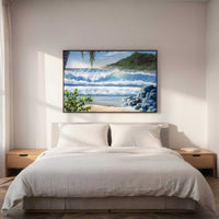 Treasure Quay ocean canvas print above a bed in a calm bedroom