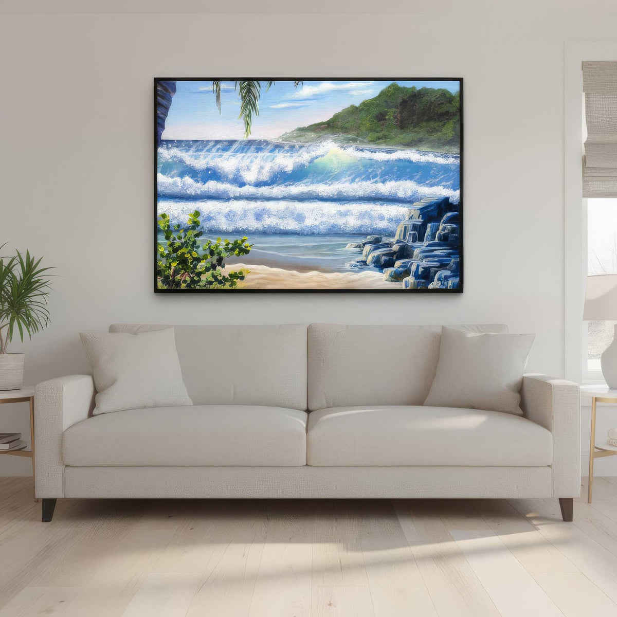 Treasure Quay coastal canvas print displayed in a bright living room