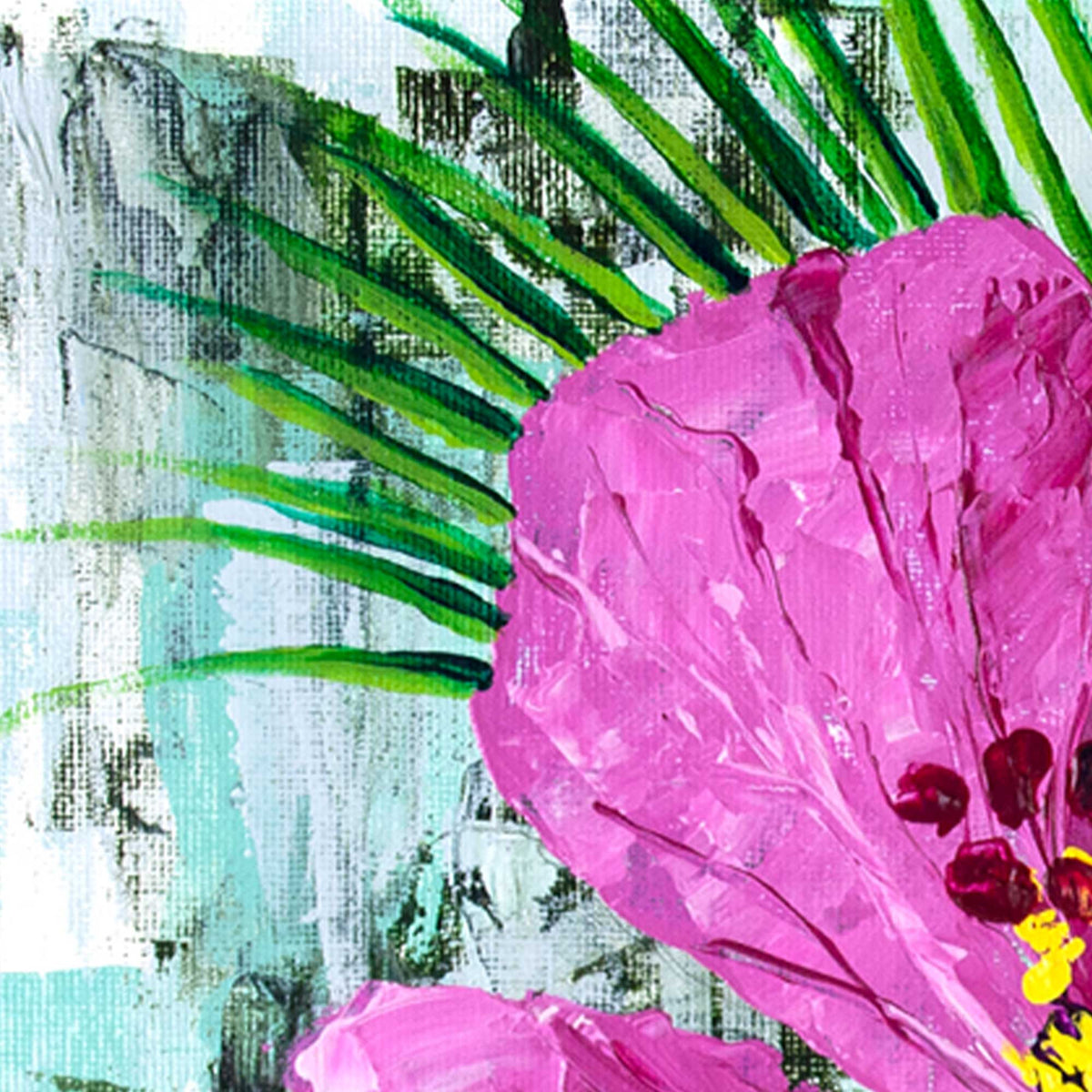 Detail of green palm leaves and abstract mint background behind pink hibiscus painting