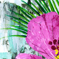Detail of green palm leaves and abstract mint background behind pink hibiscus painting
