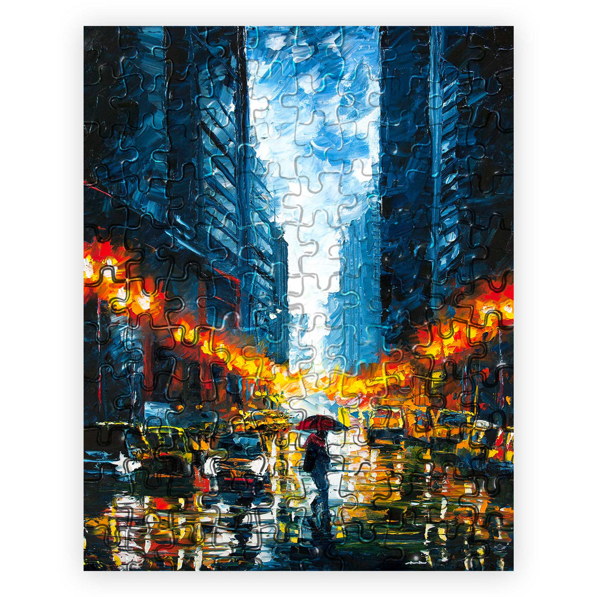 110 piece mini art puzzle featuring a rainy urban city scene with reflections and warm streetlights