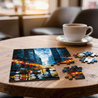 Small art puzzle displayed on a café table as a creative break activity