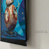 Closeup side view of Vacation Protocol BB8 inspired acrylic wall art print floating slightly off the wall with glossy modern profile