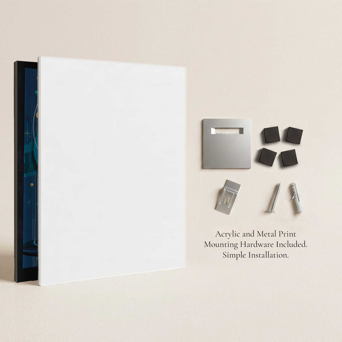 Back view of Vacation Protocol BB8 inspired wall art showing acrylic and metal print mounting hardware installation system