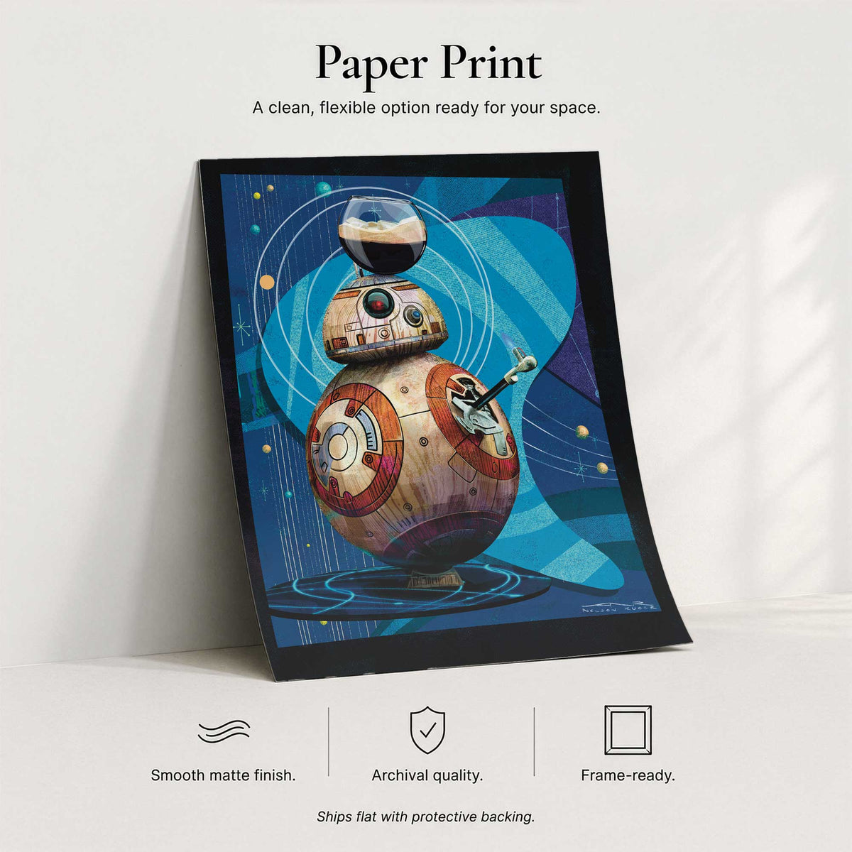 Paper print product display for Vacation Protocol BB8 inspired artwork showing archival matte paper finish and frame-ready presentation