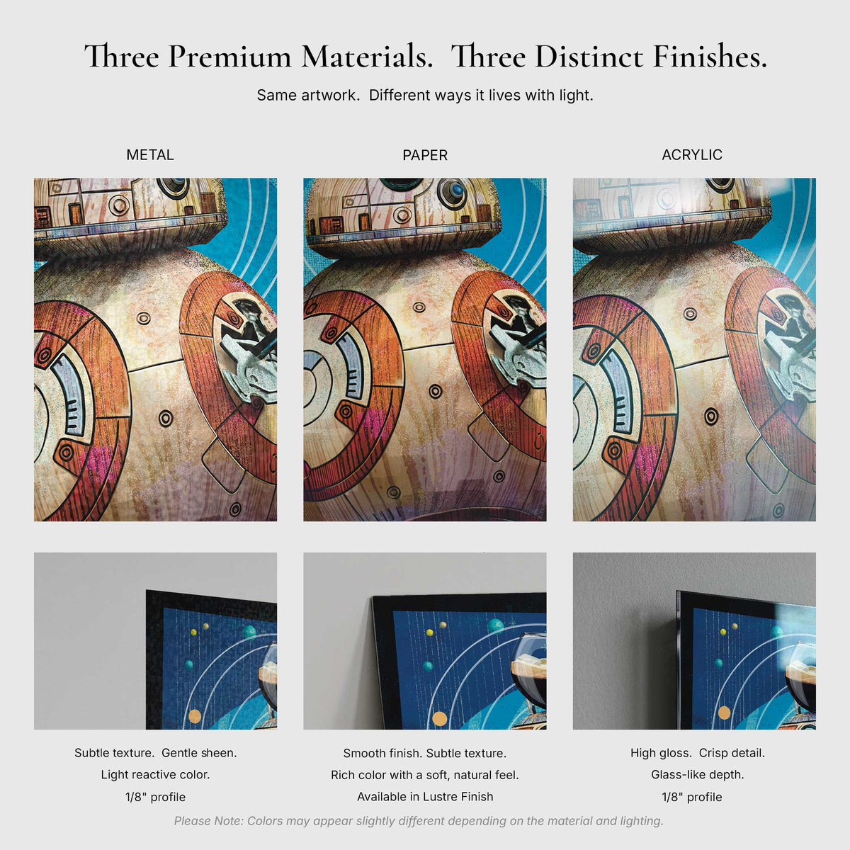 Comparison graphic showing metal, paper, and acrylic finishes for Vacation Protocol BB8 inspired wall art with texture and edge detail