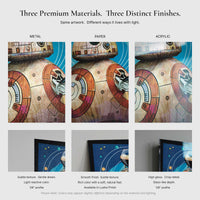 Comparison graphic showing metal, paper, and acrylic finishes for Vacation Protocol BB8 inspired wall art with texture and edge detail