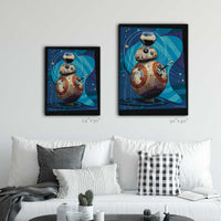 Size comparison graphic for Vacation Protocol BB8 inspired wall art showing 24x30 and 30x40 print sizes above a modern sofa