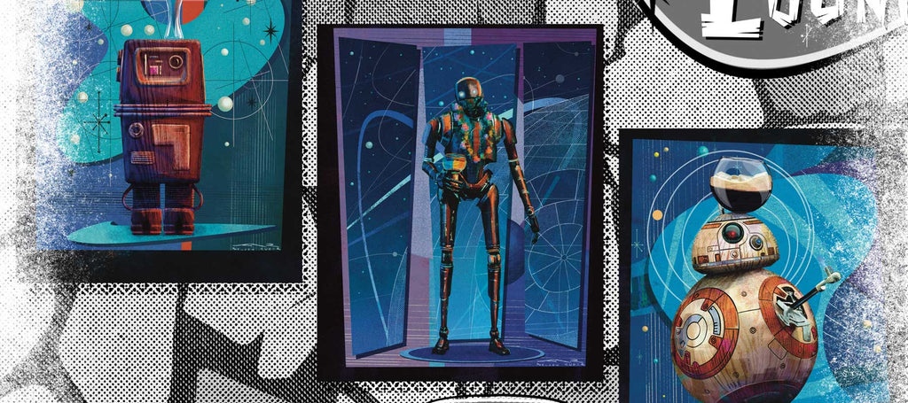 Celebrate mid-century style and galactic charm with the Vacation Protocol art series — retro-futuristic droids, cocktails, and happy vibes.