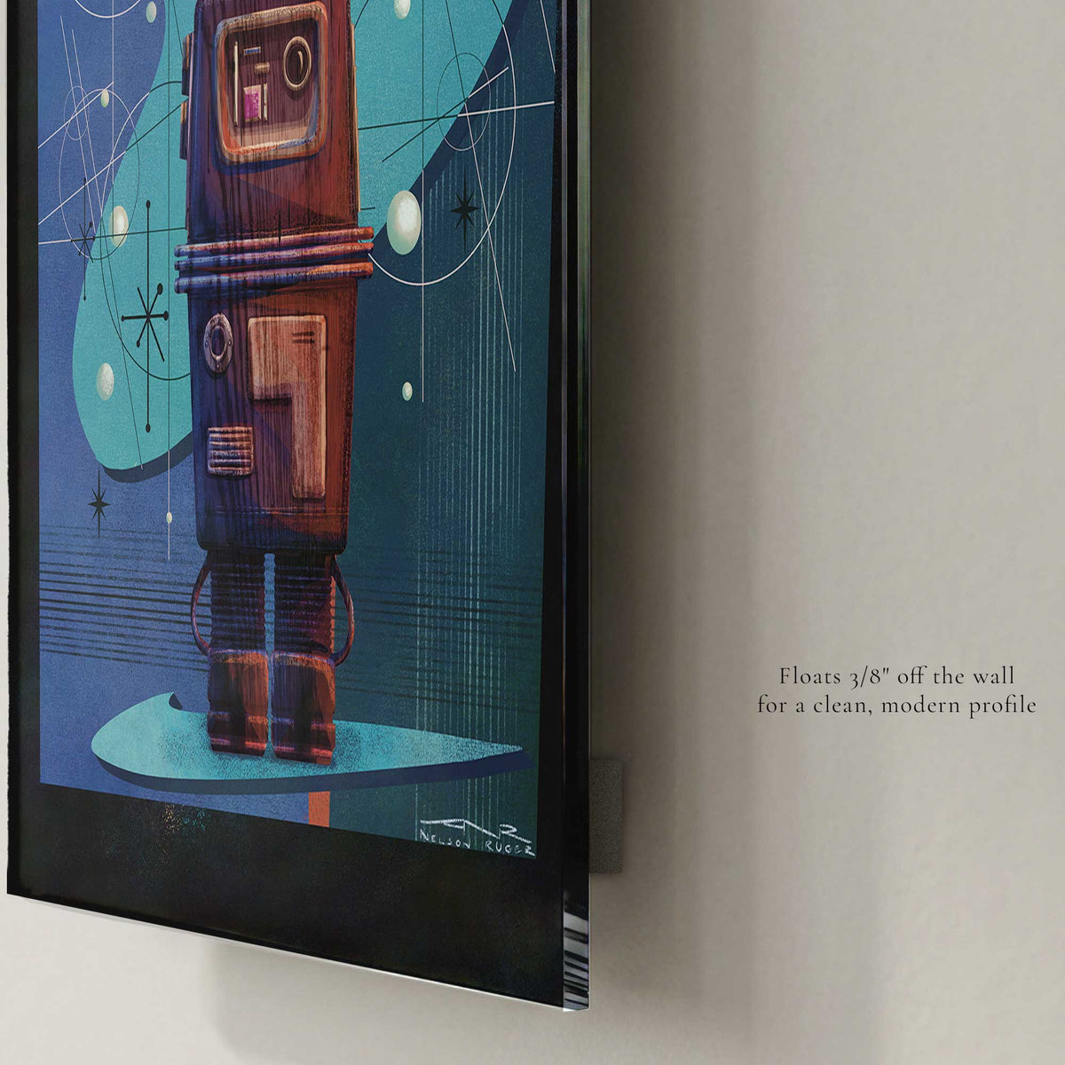 Acrylic wall art print of Vacation Protocol – Gonk floating slightly off the wall with modern hidden mount profile and glossy finish detail