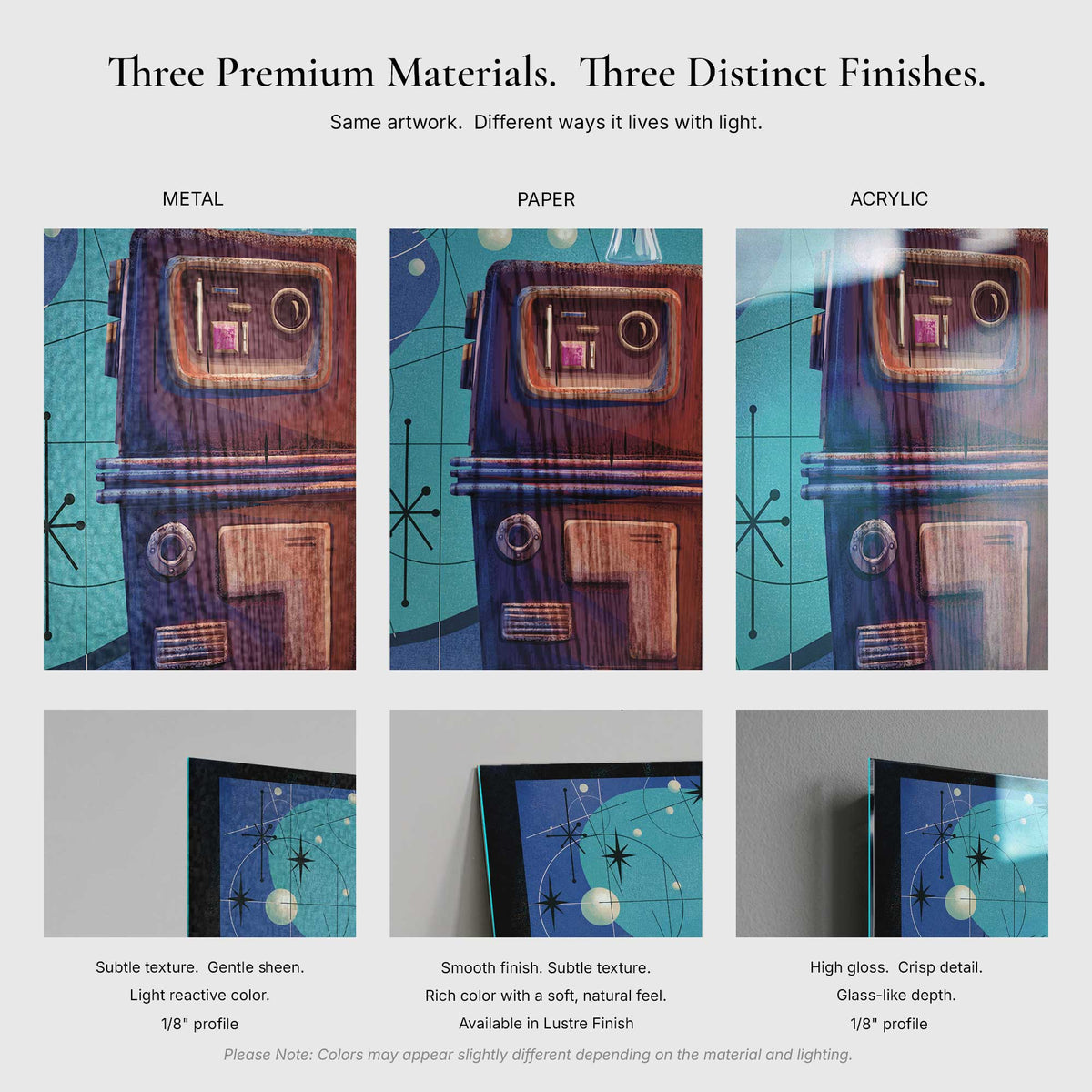Comparison of metal, paper, and acrylic finishes for Vacation Protocol – Gonk artwork showing texture, gloss, and color depth differences