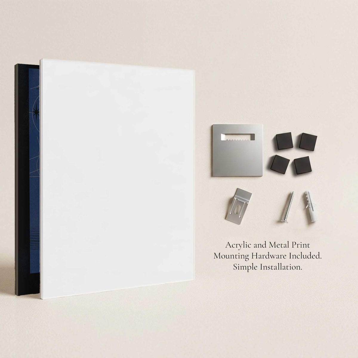 Rear mounting hardware and floating back system for Vacation Protocol – Gonk acrylic and metal wall art prints