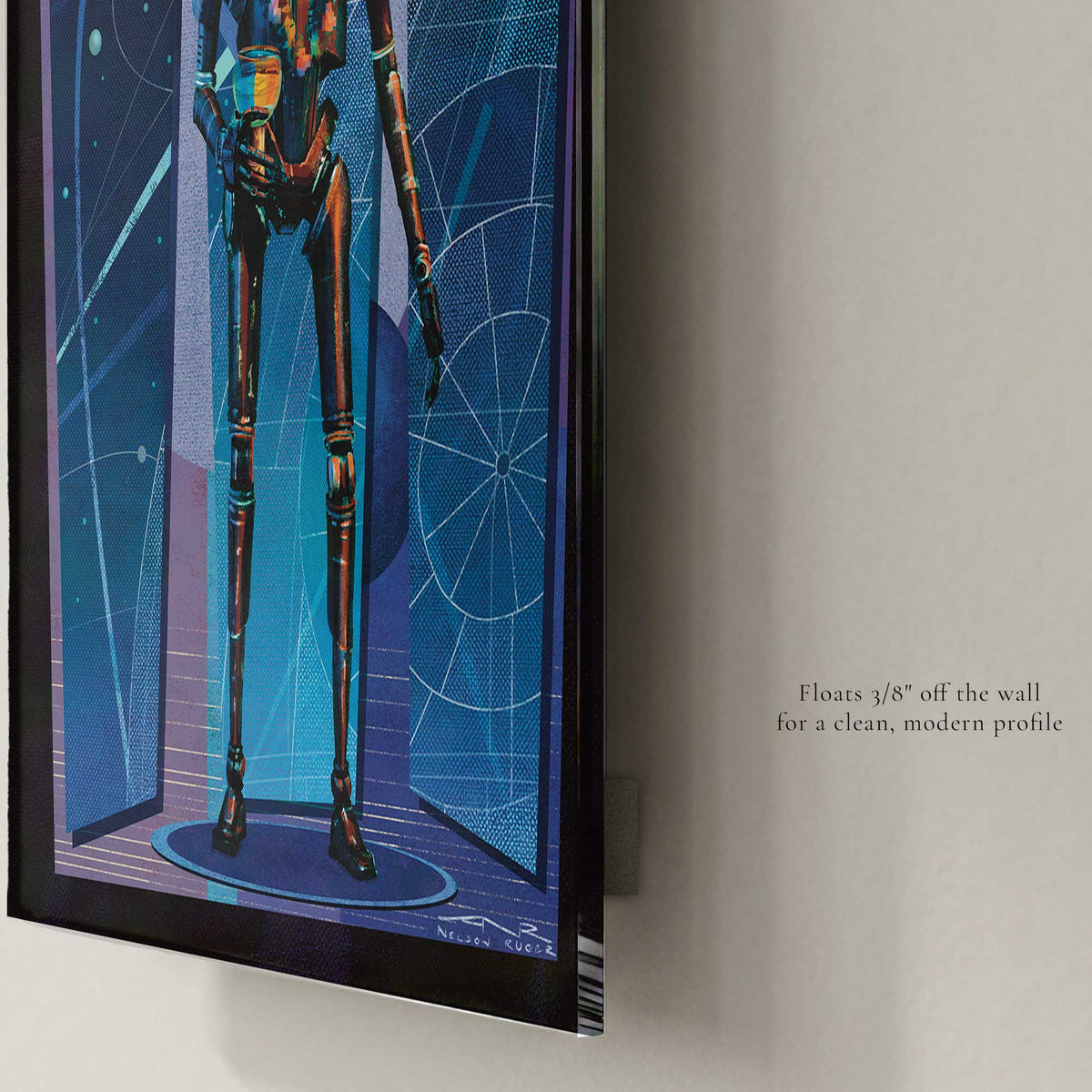 K-2SO Star Wars inspired droid artwork printed on acrylic with floating wall mount profile and modern frameless edge detail