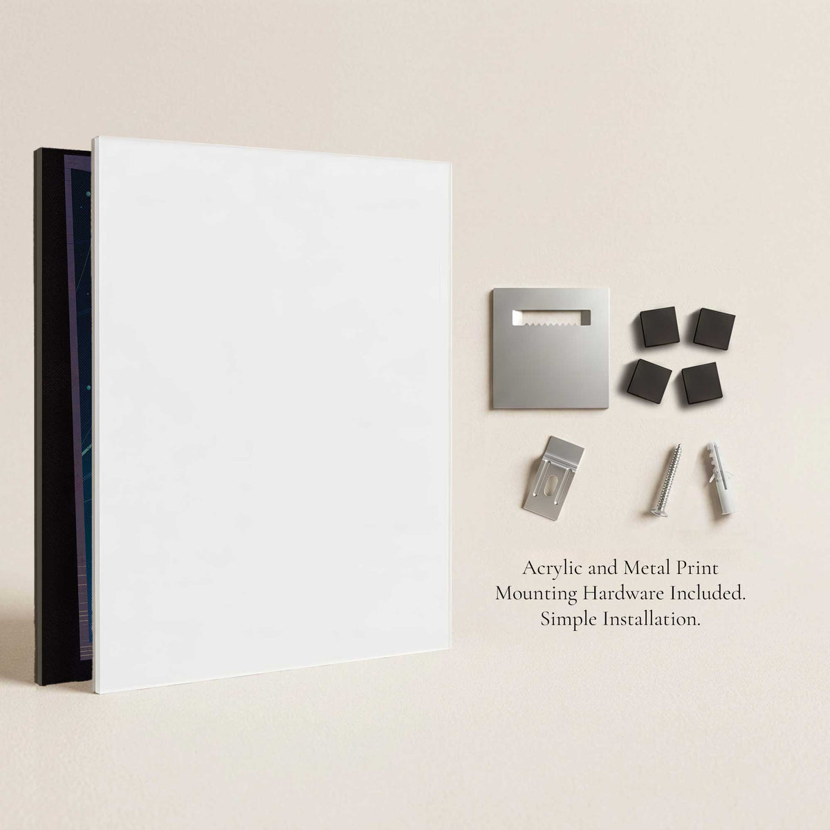 Rear mounting hardware and floating wall bracket system for K-2SO acrylic and metal wall art print display