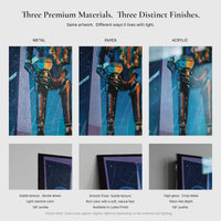 Comparison of K-2SO artwork printed on metal paper and acrylic showing texture sheen gloss and surface finish differences