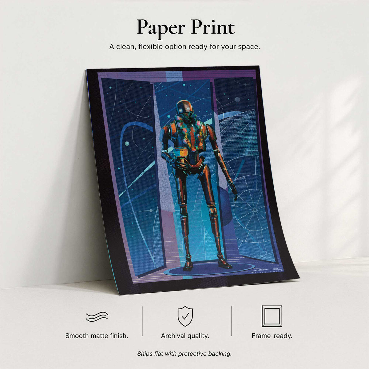 K-2SO Star Wars inspired paper print with smooth matte archival finish displayed leaning against minimalist wall