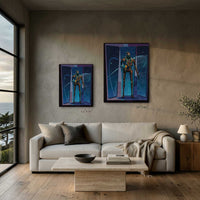 K-2SO sci fi wall art shown in modern coastal living room with 24x30 and 30x40 print size comparison