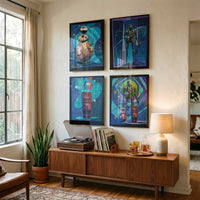 Mid-century modern star wars droid wall art set bb8 k2so gonk squad mode vacation protocol series framed prints in warm modern living room