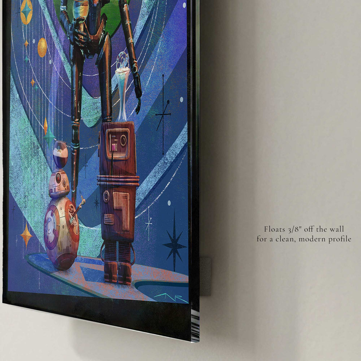 Acrylic wall art print of Vacation Protocol – Squad Mode floating slightly off the wall with hidden mounting profile and glossy finish detail