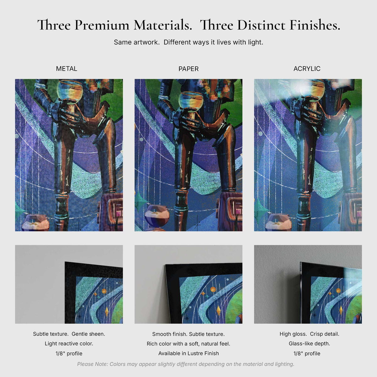 Comparison of metal, paper, and acrylic finishes for Vacation Protocol – Squad Mode artwork showing texture, gloss, and color depth differences