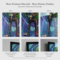 Comparison of metal, paper, and acrylic finishes for Vacation Protocol – Squad Mode artwork showing texture, gloss, and color depth differences