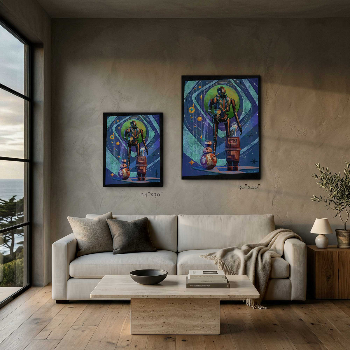 Vacation Protocol – Squad Mode wall art shown in 24x30 and 30x40 size comparison above modern coastal living room sofa