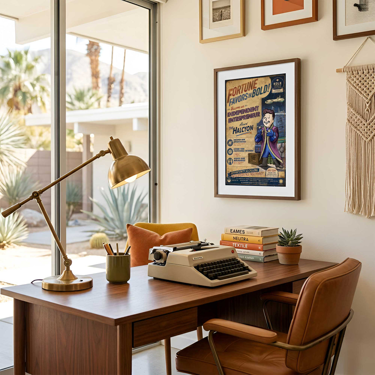 Vault Boy Raithe Kole print displayed inside a Palm Springs inspired mid-century office.