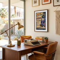 Vault Boy Raithe Kole print displayed inside a Palm Springs inspired mid-century office.