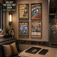 Vault Boy Starcruiser collection with four framed prints, stickers, and magnets displayed in a Galactic Starcruiser Halcyon-inspired cabin.