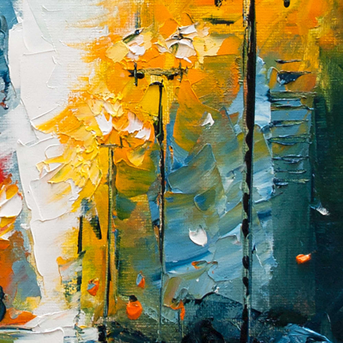 Close up of giclée canvas texture showing palette knife brushwork in an urban winter cityscape