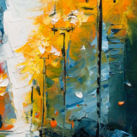 Close up of giclée canvas texture showing palette knife brushwork in an urban winter cityscape