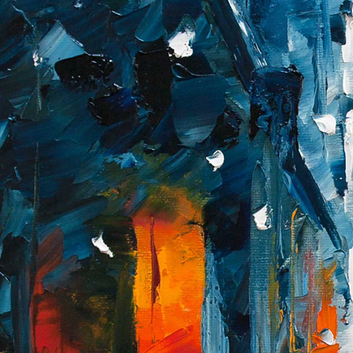 Close up of palette knife texture in urban winter cityscape painting