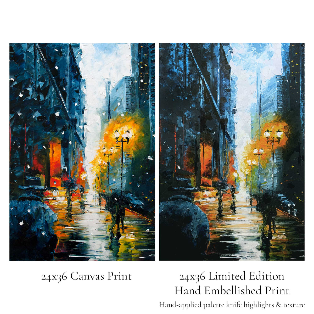 Comparison of giclée canvas and hand embellished limited edition winter city art