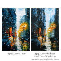 Comparison of giclée canvas and hand embellished limited edition winter city art