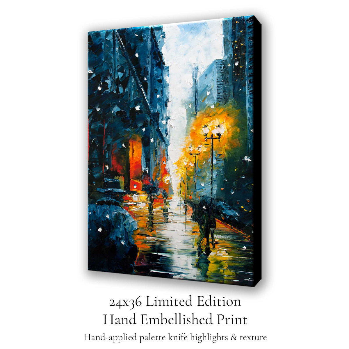 Hand embellished canvas art of a winter city street with expressive palette knife texture