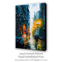 Hand embellished canvas art of a winter city street with expressive palette knife texture
