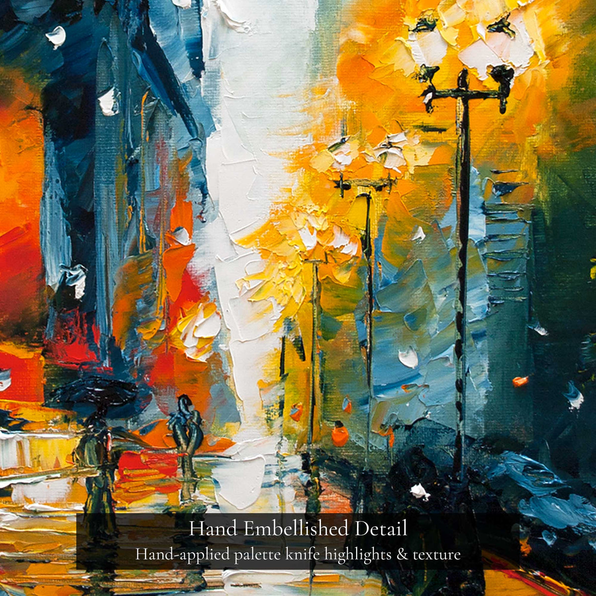 Close up of hand embellished palette knife texture on limited edition winter city canvas art