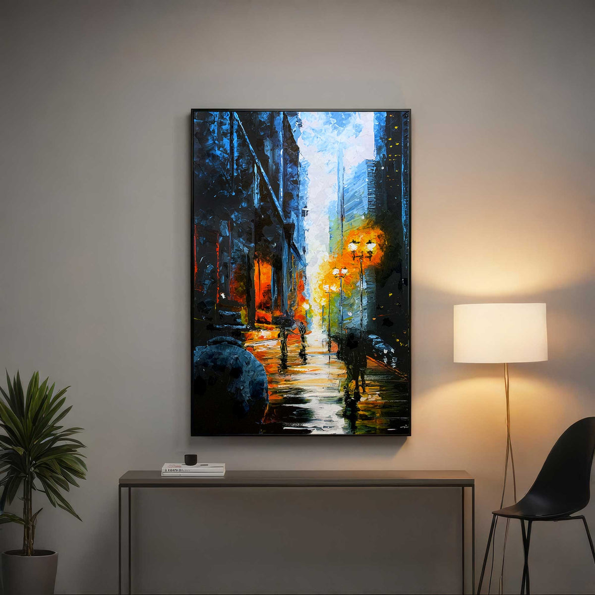 Urban winter city canvas art displayed in a modern living room interior