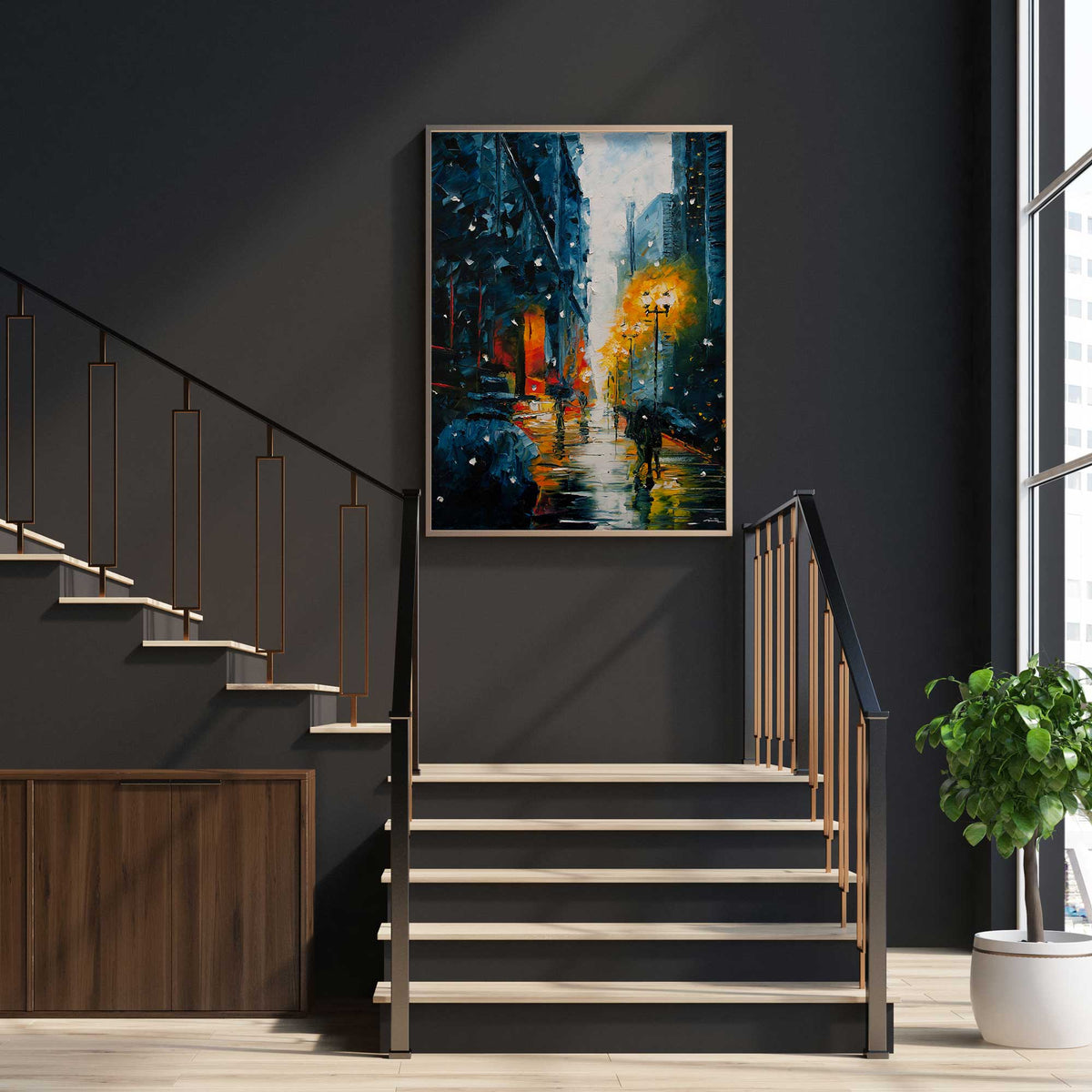 Vertical winter cityscape canvas art displayed in a contemporary stairwell