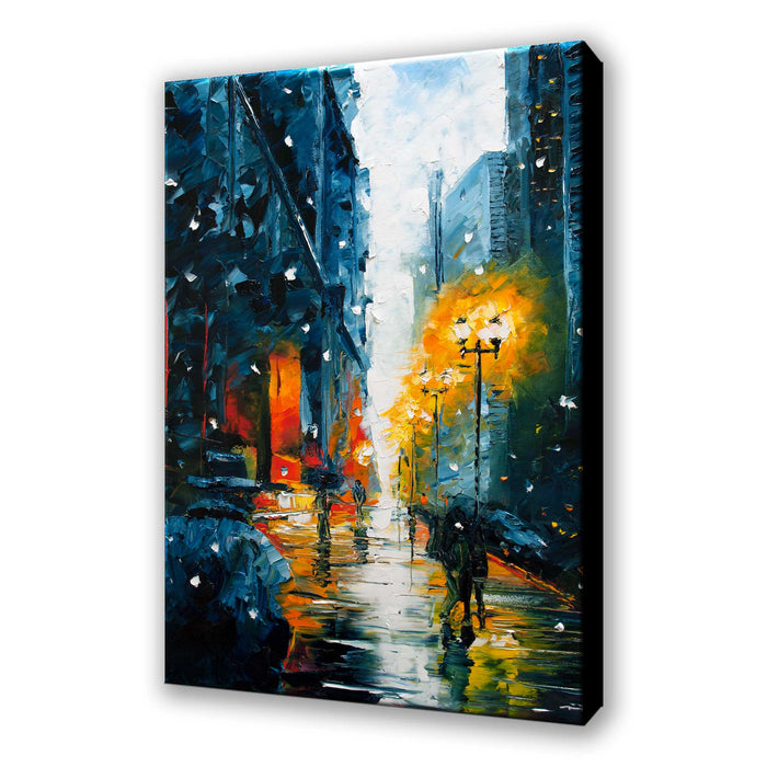 Urban winter cityscape canvas art featuring a lone man walking beneath glowing streetlights