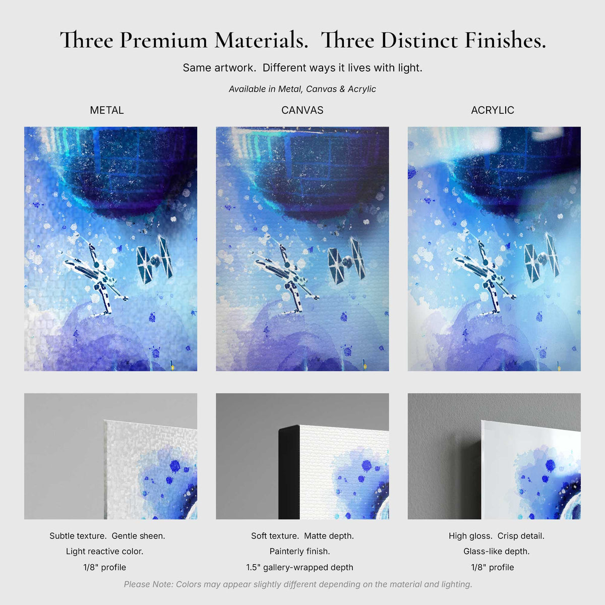 Comparison of metal, canvas, and acrylic Star Wars wall art print finishes showing texture, depth, gloss, and surface detail