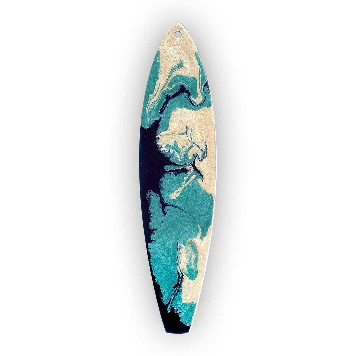 hand painted by the sea surfboard ornament with flowing pebeo resin in teal and pearl